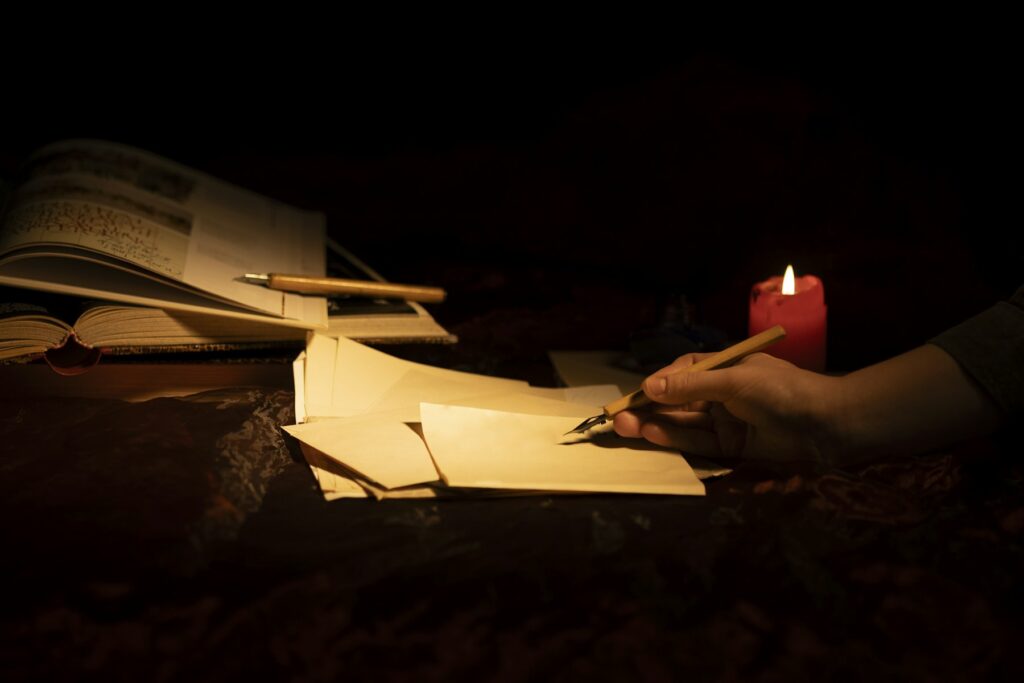 Person writing in a notebook next to a lit candle during a reflective mindset practice